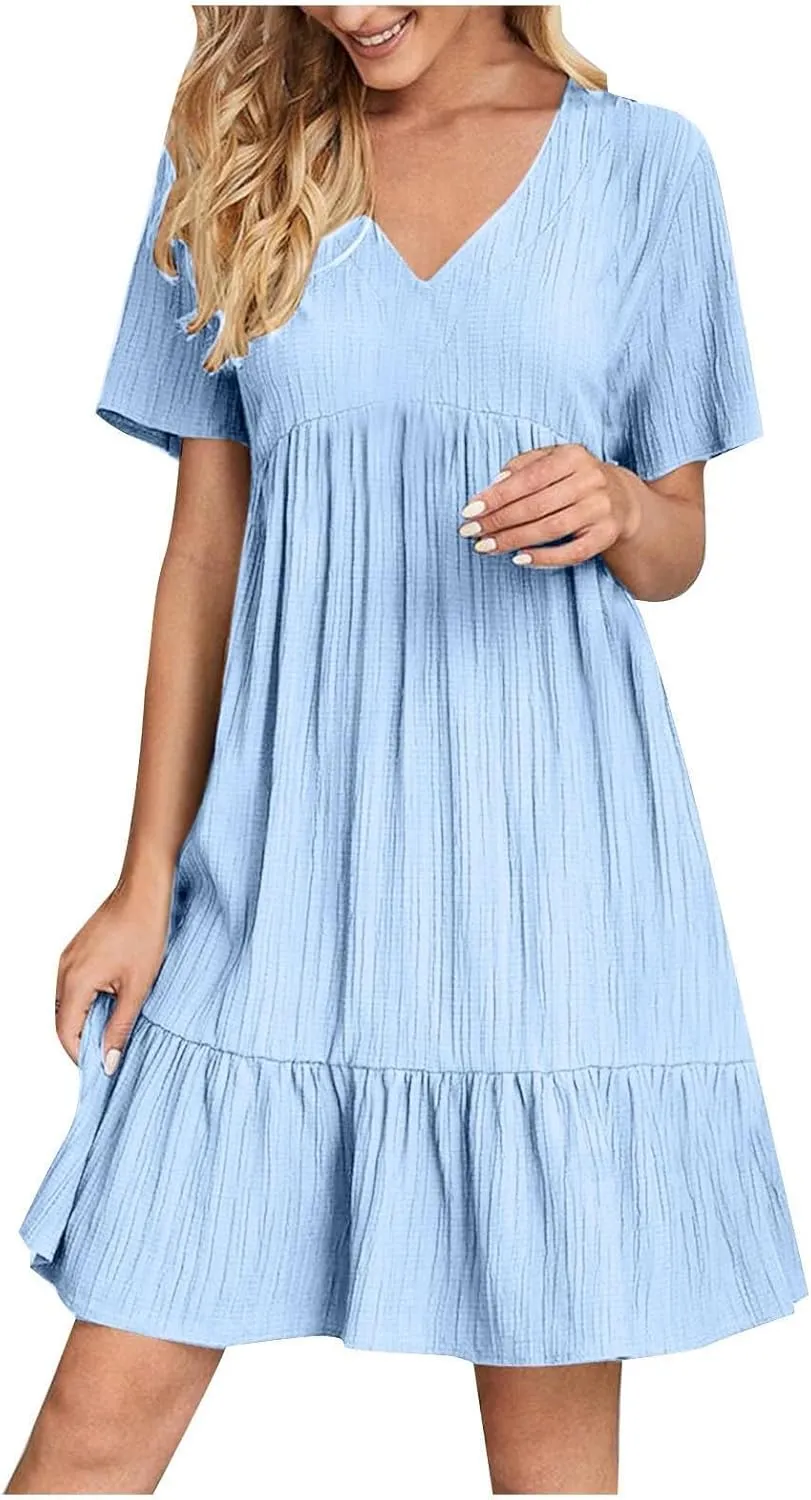 Women's Cotton Linen Short Sleeve Casual V Neck Mini Dress A Line Loose Pleated Flowy Dresses Beach Vacation Outfits