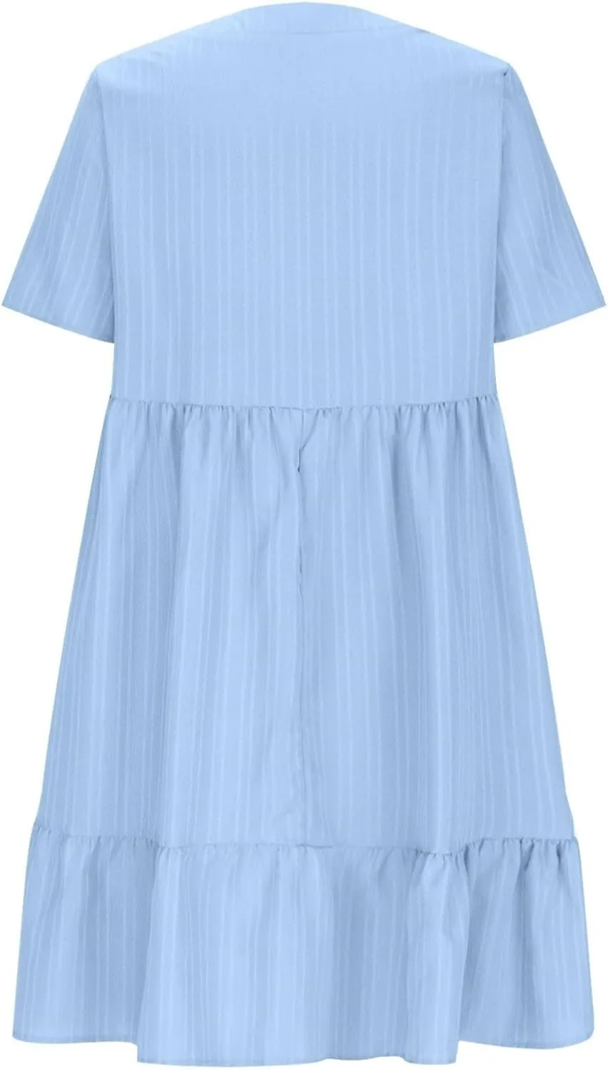 Women's Cotton Linen Short Sleeve Casual V Neck Mini Dress A Line Loose Pleated Flowy Dresses Beach Vacation Outfits