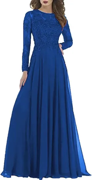 Women's Crew Neck Chiffon Formal Evening Gowns Appliques Long Prom Dresses