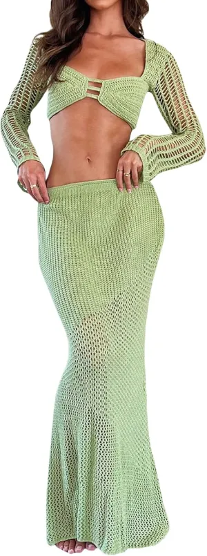 Women's Crochet Knit 2 Piece Skirt Sets Hollow Out Knitted Crop Top Side Slit Bodycon Long Skirt Set Beach Maxi Dresses