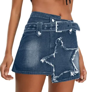 Women's Denim Skirt Vintage Star Patchwork Party Club Jean Skirt Casual Y2k Mini Skirt Skorts Skirts for Women