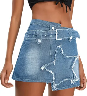 Women's Denim Skirt Vintage Star Patchwork Party Club Jean Skirt Casual Y2k Mini Skirt Skorts Skirts for Women