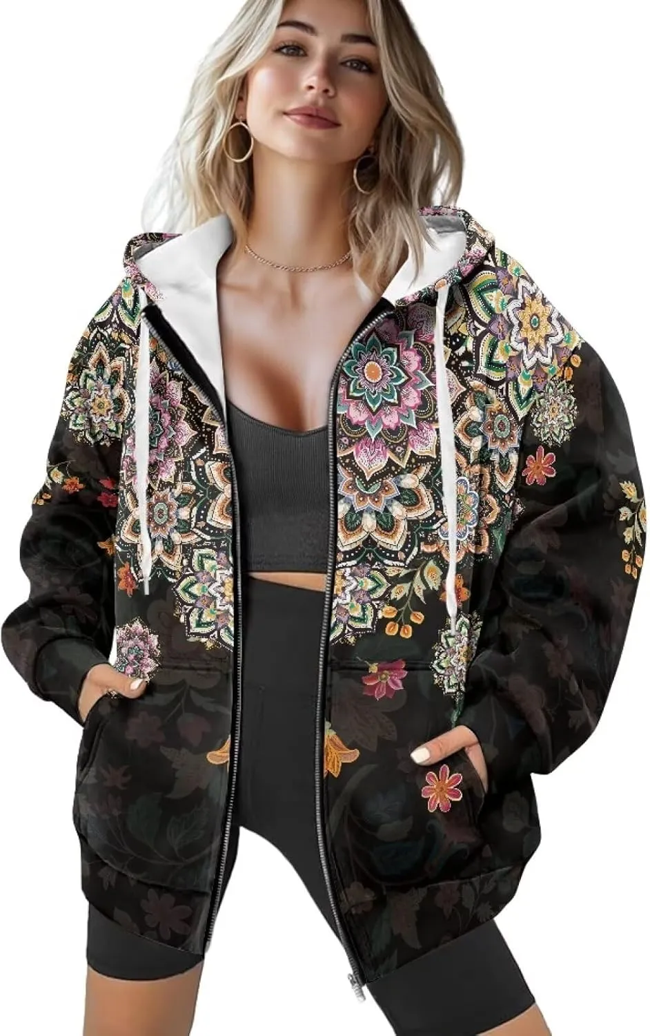 Women's Drawstring Zip Up Hoodies Plus Size Casual Sweatshirts with Pocket Workout Yoga Jacket