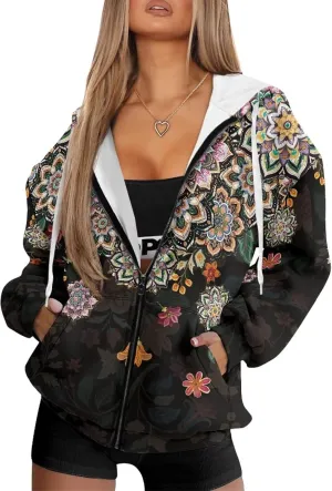 Women's Drawstring Zip Up Hoodies Plus Size Casual Sweatshirts with Pocket Workout Yoga Jacket