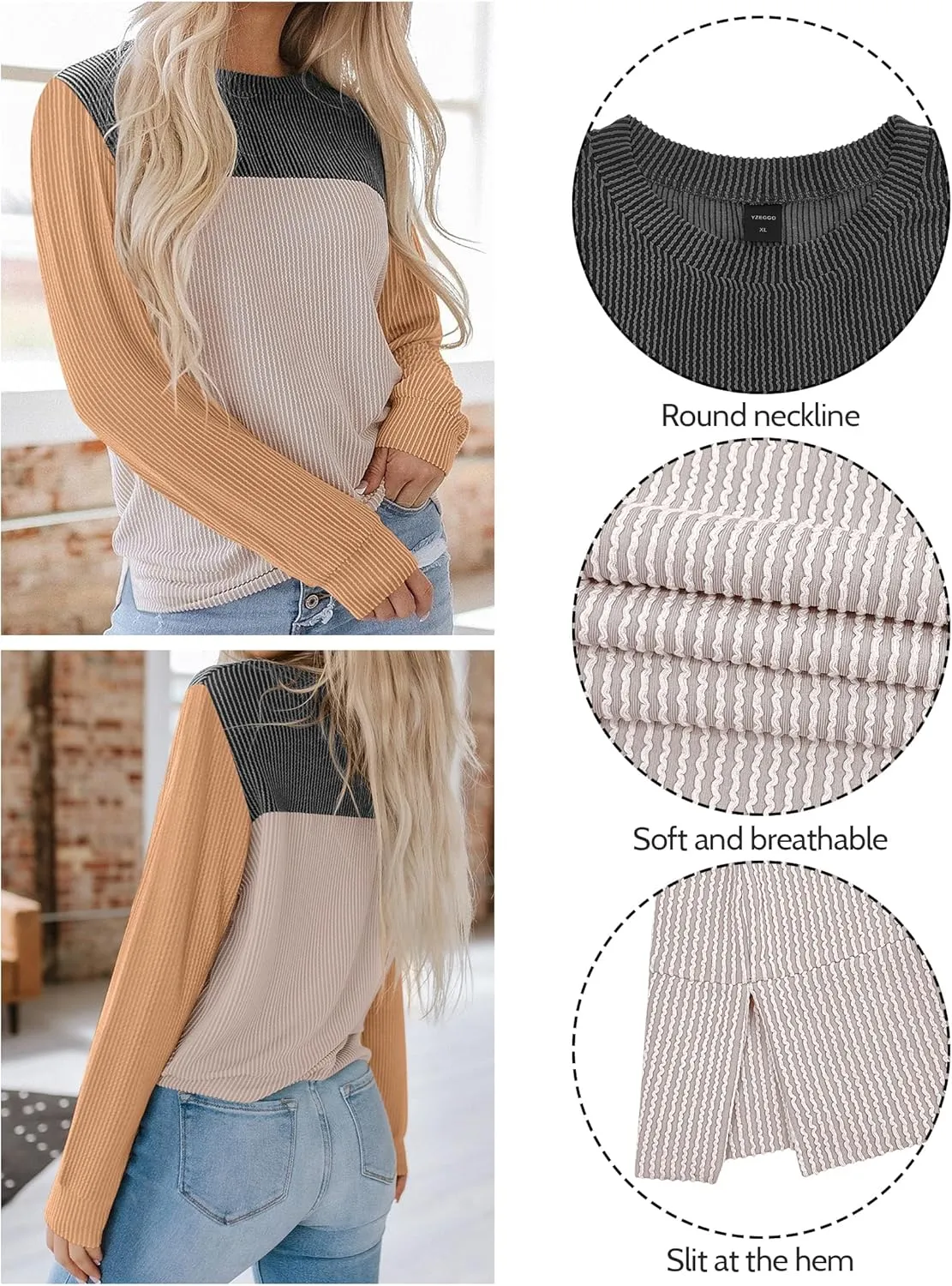 Womens Fashion Color Block Tops Crewneck Knitted Long Sleeve Shirts Casual Loose Fall Pullover with Side Slits