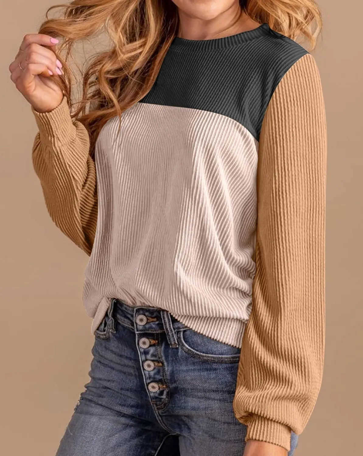 Womens Fashion Color Block Tops Crewneck Knitted Long Sleeve Shirts Casual Loose Fall Pullover with Side Slits
