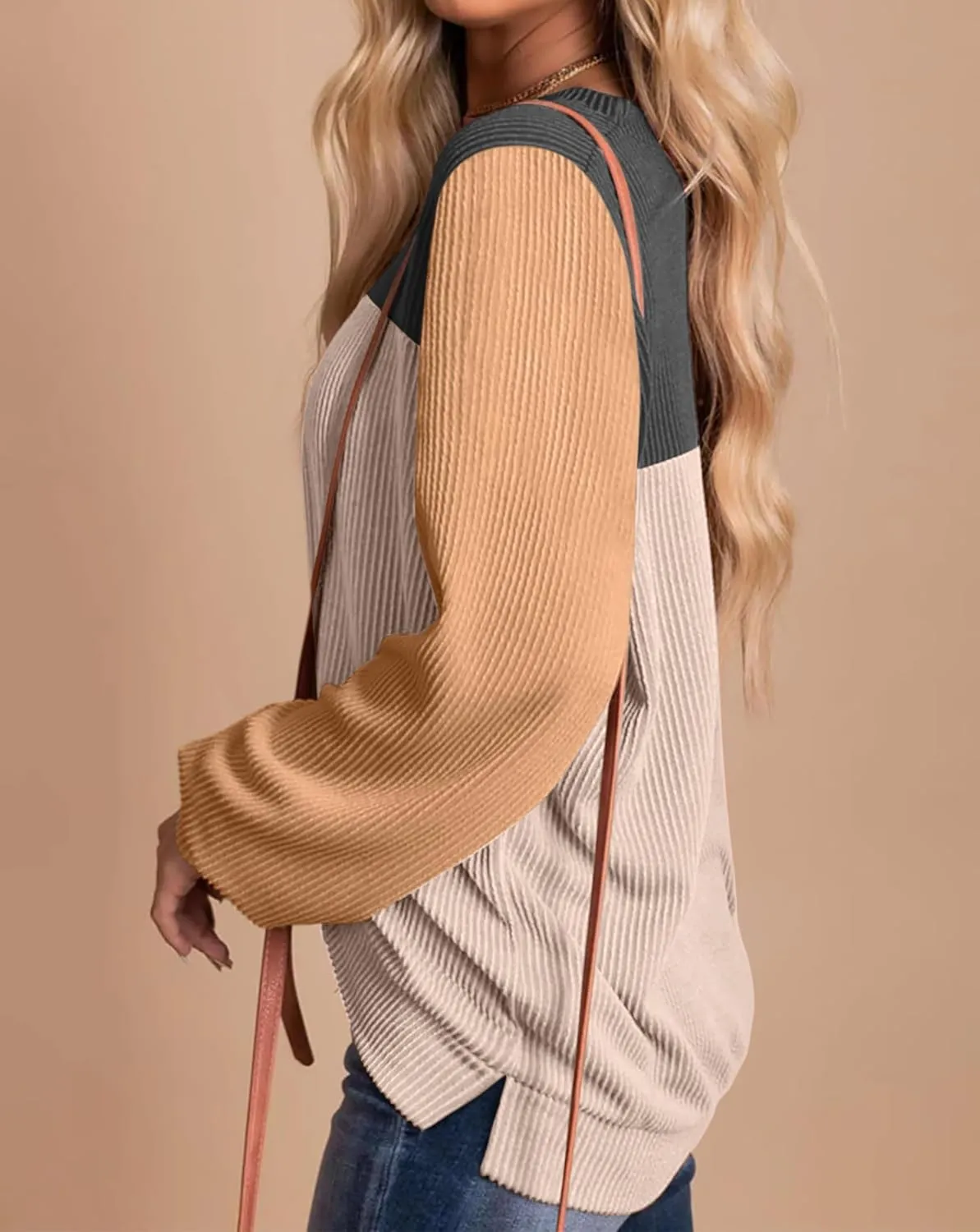 Womens Fashion Color Block Tops Crewneck Knitted Long Sleeve Shirts Casual Loose Fall Pullover with Side Slits