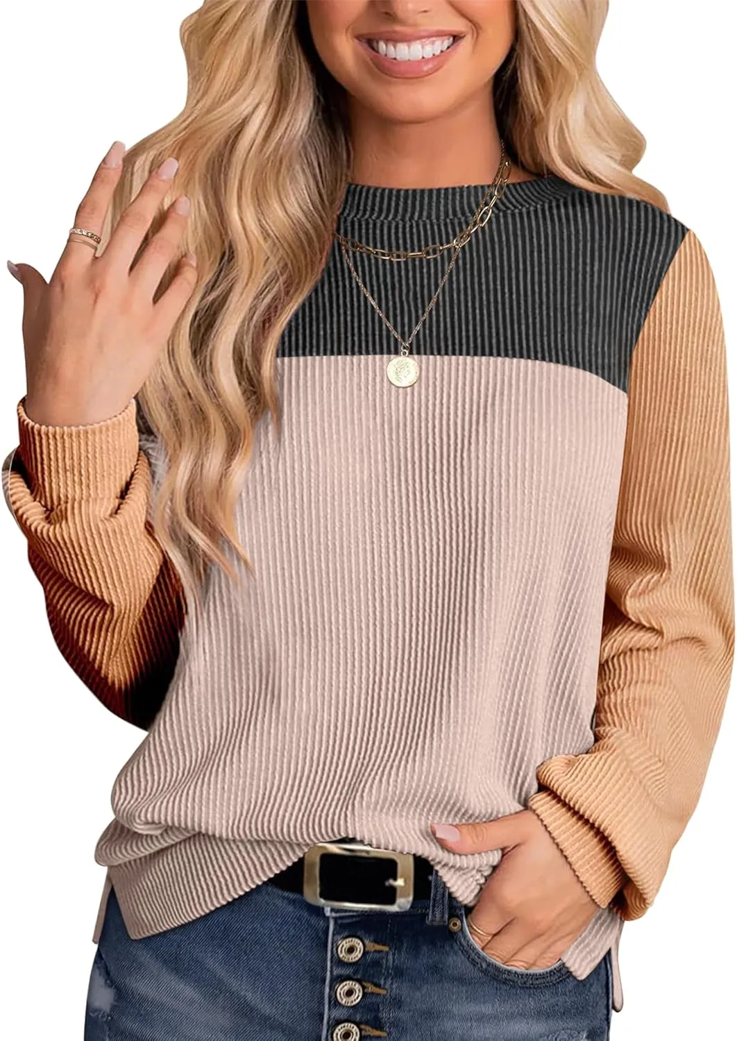 Womens Fashion Color Block Tops Crewneck Knitted Long Sleeve Shirts Casual Loose Fall Pullover with Side Slits