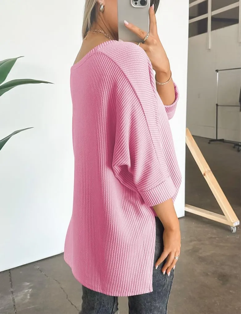 Womens Fashion Tunic Tops Ribbed Batwing 3/4 Sleeve Casual Corded Textured Split Hi-Lo Hem Shirts Blouses