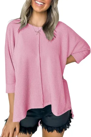 Womens Fashion Tunic Tops Ribbed Batwing 3/4 Sleeve Casual Corded Textured Split Hi-Lo Hem Shirts Blouses