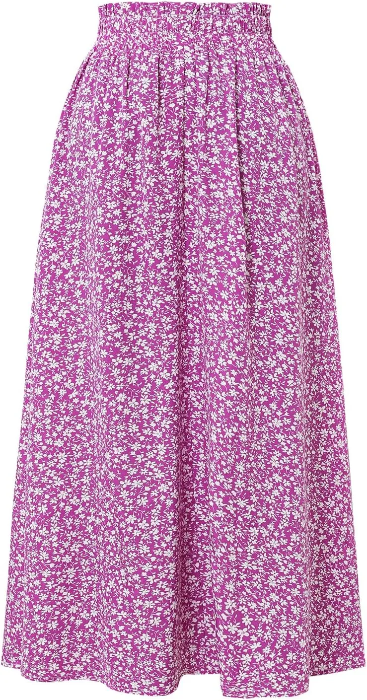 Women's Floral High-waisted Skirt Elastic-waisted Casualt with Pockets Summer and Fall Beach Dress