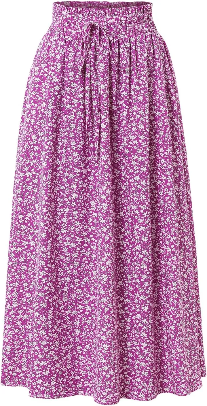 Women's Floral High-waisted Skirt Elastic-waisted Casualt with Pockets Summer and Fall Beach Dress