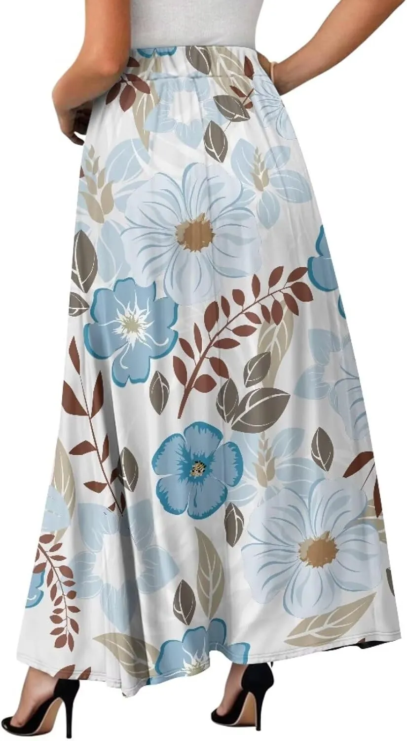 Women's Flowy Beach Long Skirts Summer Pleated High Waisted Casual Long Dress with Pockets