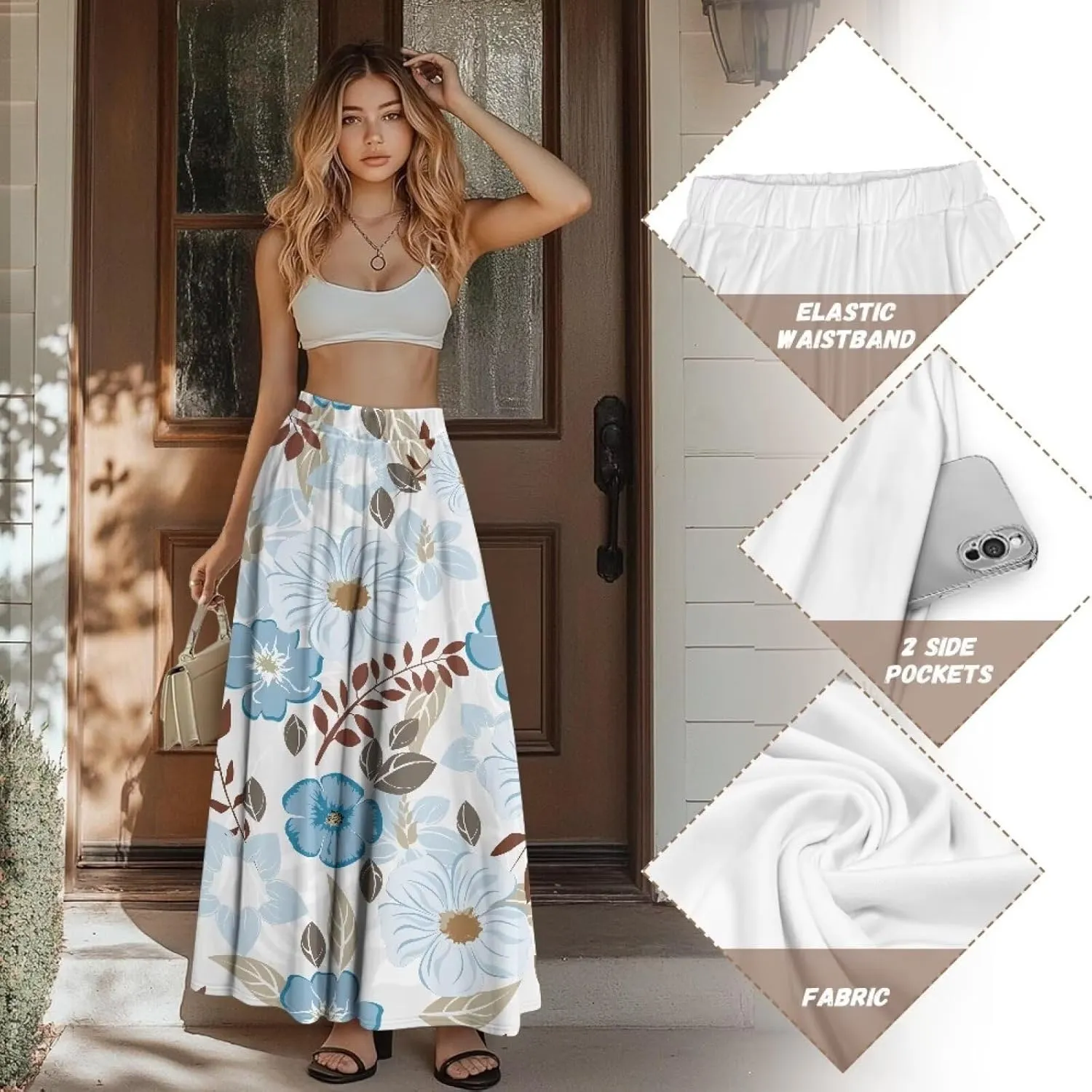 Women's Flowy Beach Long Skirts Summer Pleated High Waisted Casual Long Dress with Pockets