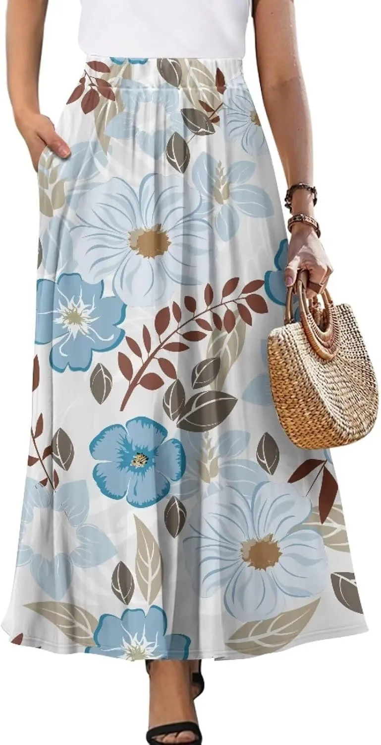 Women's Flowy Beach Long Skirts Summer Pleated High Waisted Casual Long Dress with Pockets