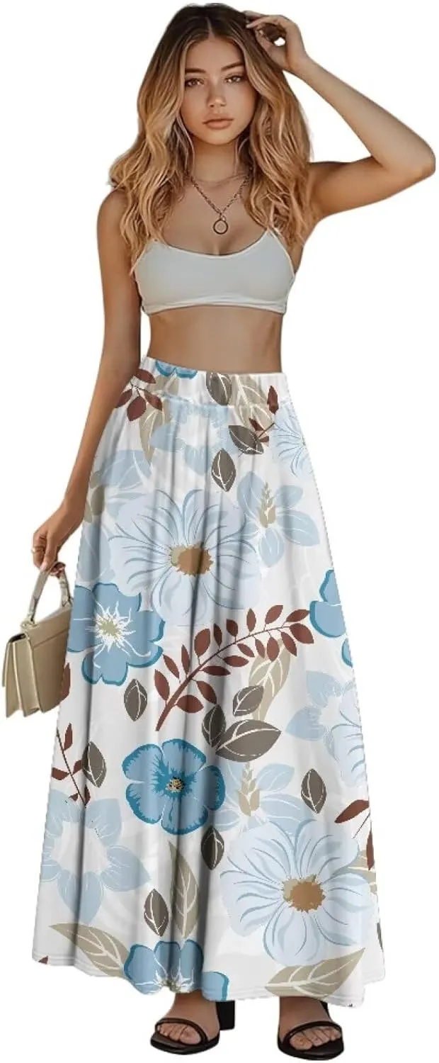 Women's Flowy Beach Long Skirts Summer Pleated High Waisted Casual Long Dress with Pockets