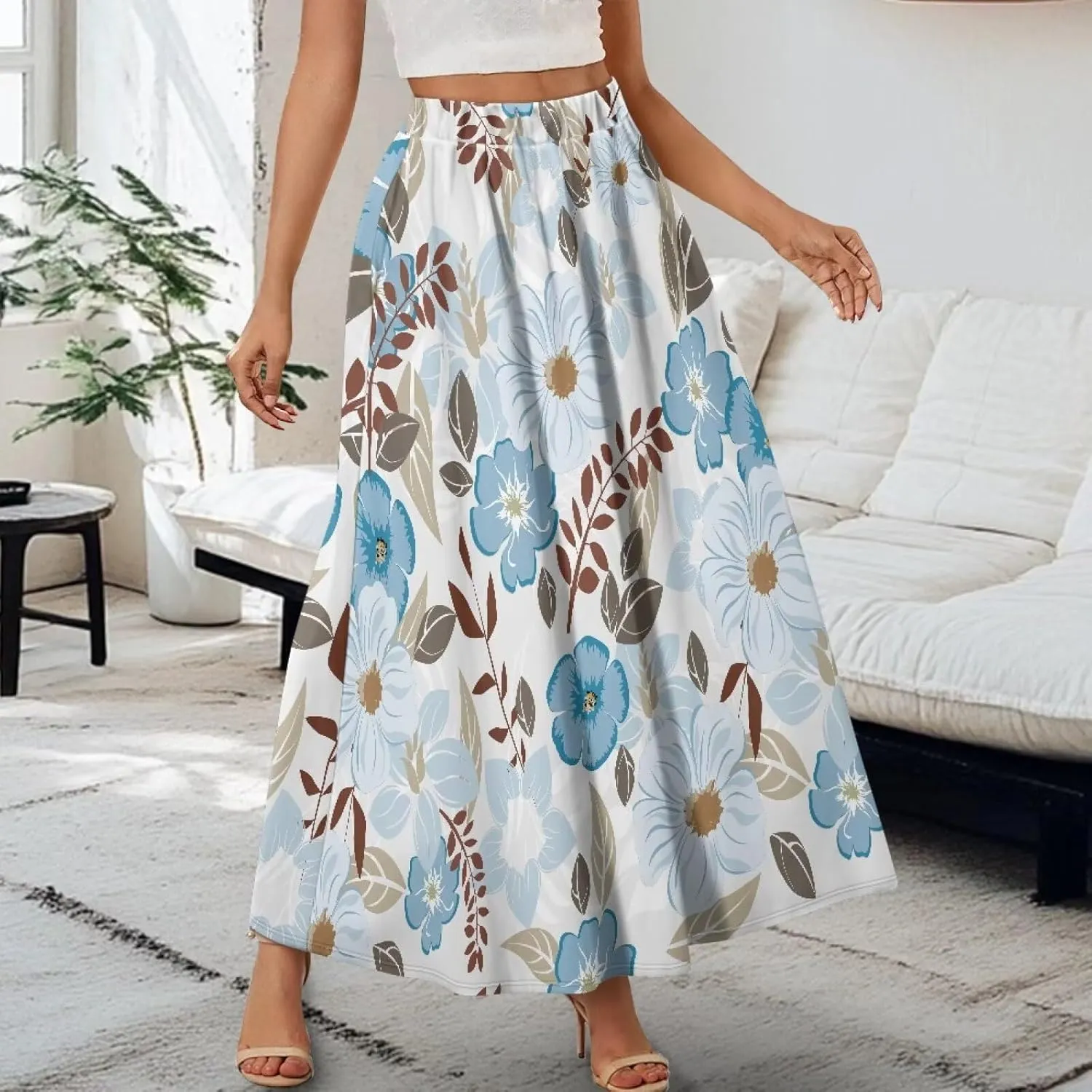Women's Flowy Beach Long Skirts Summer Pleated High Waisted Casual Long Dress with Pockets