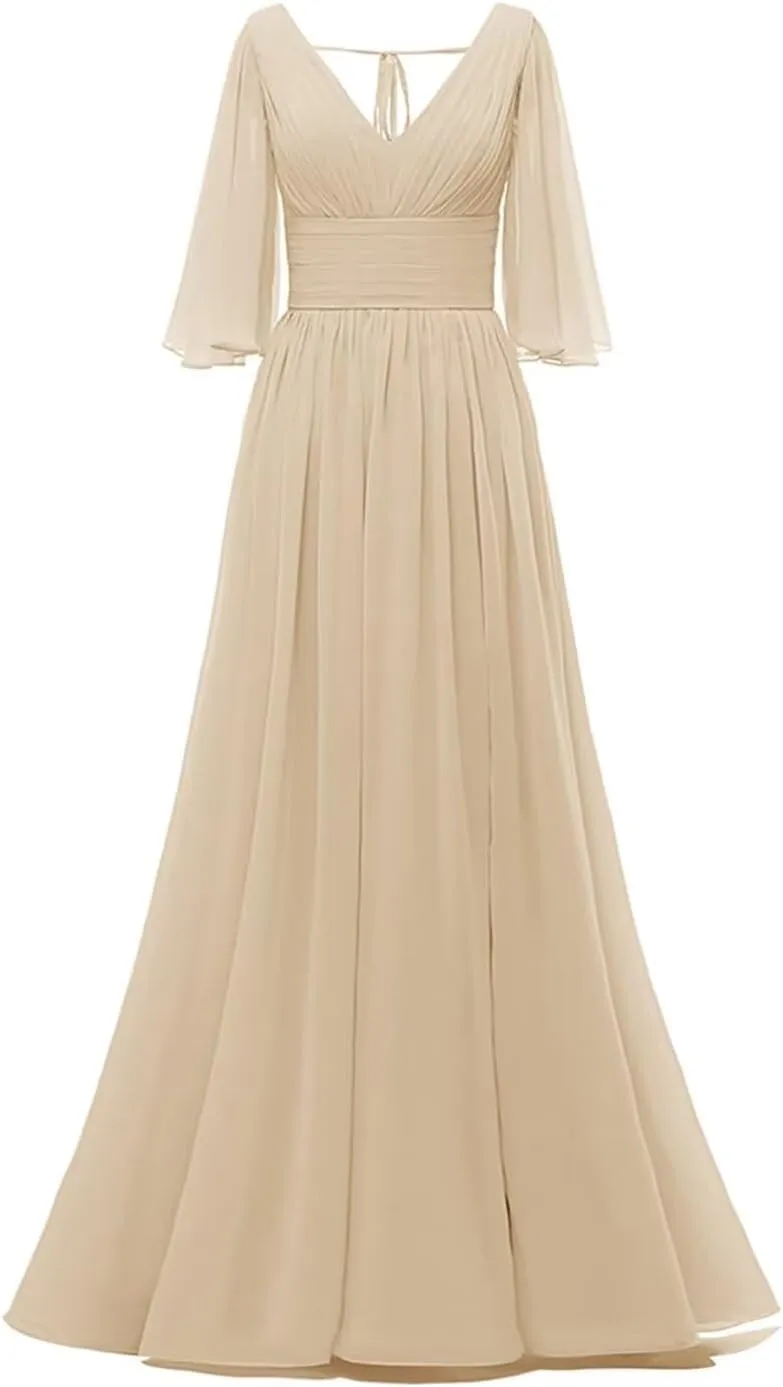 Women's Half Sleeves Bridesmaid Dresses for Wedding Long Chiffon Split Pleated Formal Party Gown with Pockets