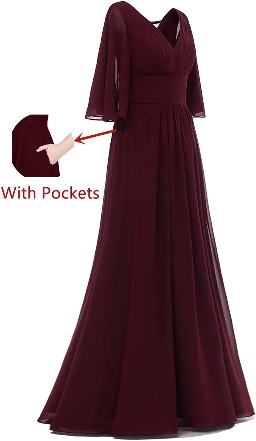 Women's Half Sleeves Bridesmaid Dresses for Wedding Long Chiffon Split Pleated Formal Party Gown with Pockets