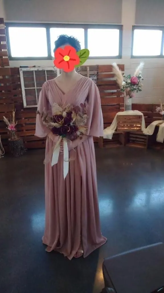 Women's Half Sleeves Bridesmaid Dresses for Wedding Long Chiffon Split Pleated Formal Party Gown with Pockets