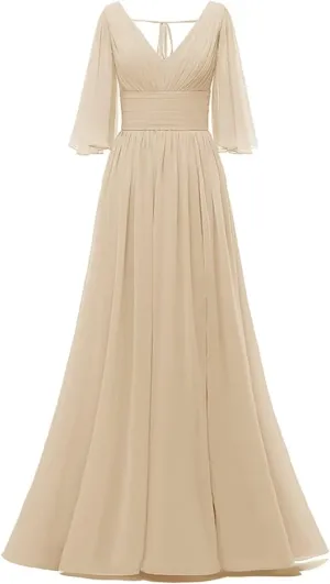 Women's Half Sleeves Bridesmaid Dresses for Wedding Long Chiffon Split Pleated Formal Party Gown with Pockets