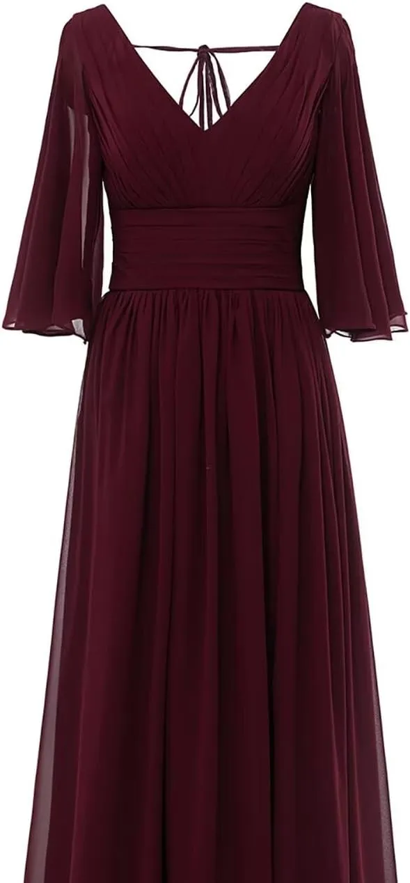 Women's Half Sleeves Bridesmaid Dresses for Wedding Long Chiffon Split Pleated Formal Party Gown with Pockets
