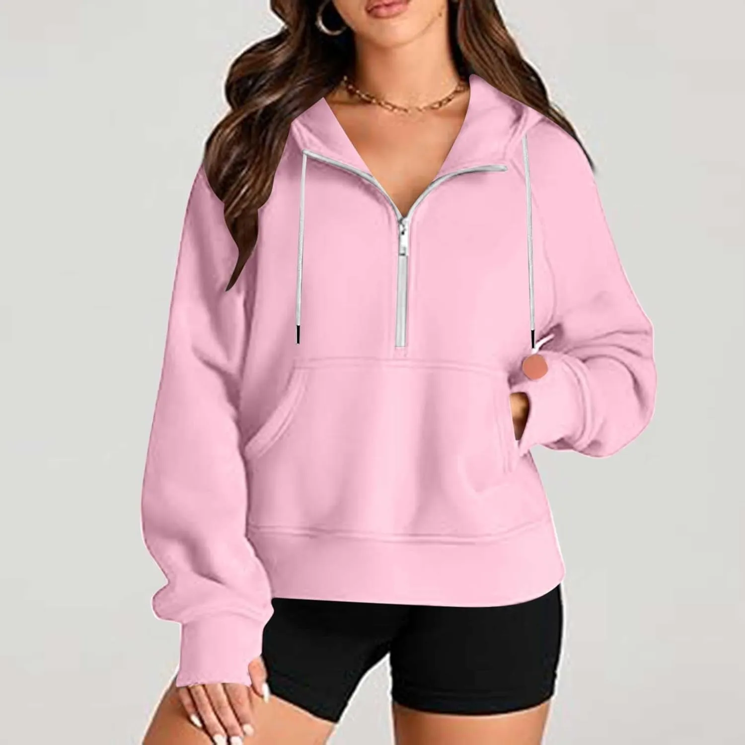 Womens Hoodies Zip Up Lightweight Long Sleeve Solid Hooded Sweatshirts Casual Full Zip Up Cropped Sweatshirts Jackets