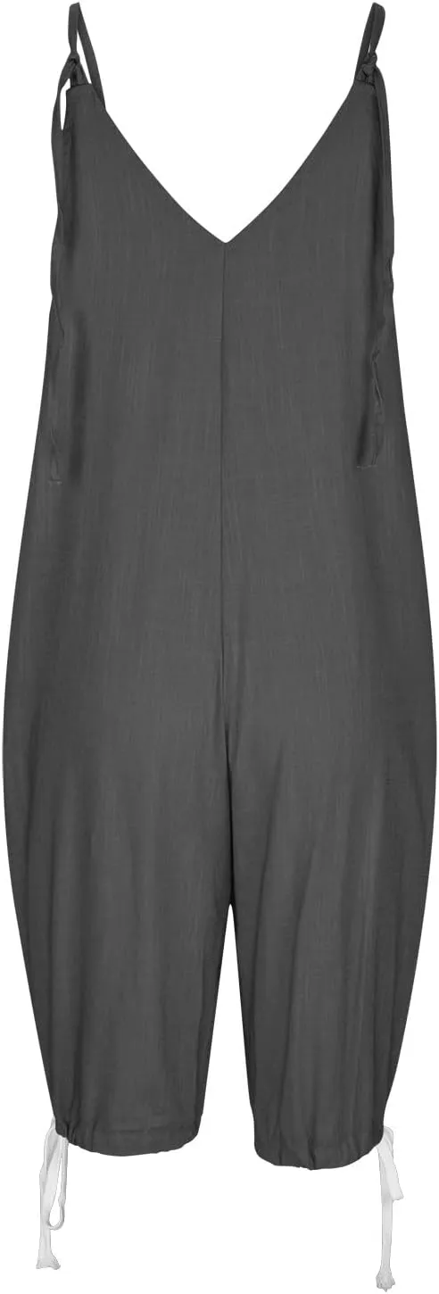 Womens Linen Capri Overalls Spaghetti Straps V Neck Cinch Bottom Rompers Casual Loose Fit Pant Jumpsuits with Pocket
