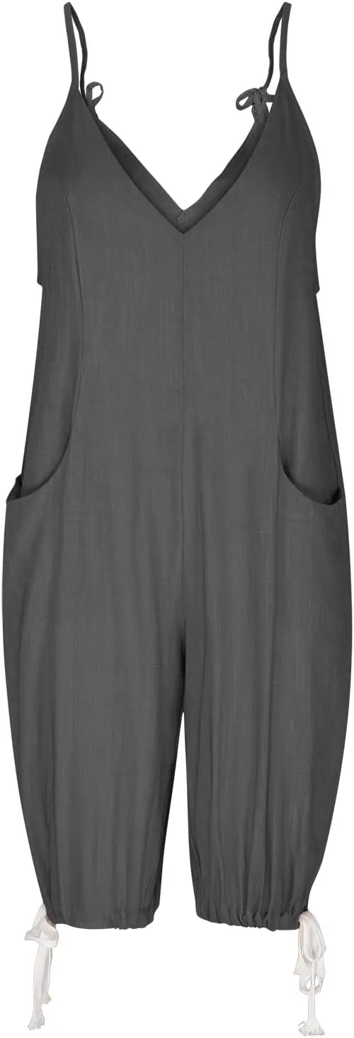 Womens Linen Capri Overalls Spaghetti Straps V Neck Cinch Bottom Rompers Casual Loose Fit Pant Jumpsuits with Pocket