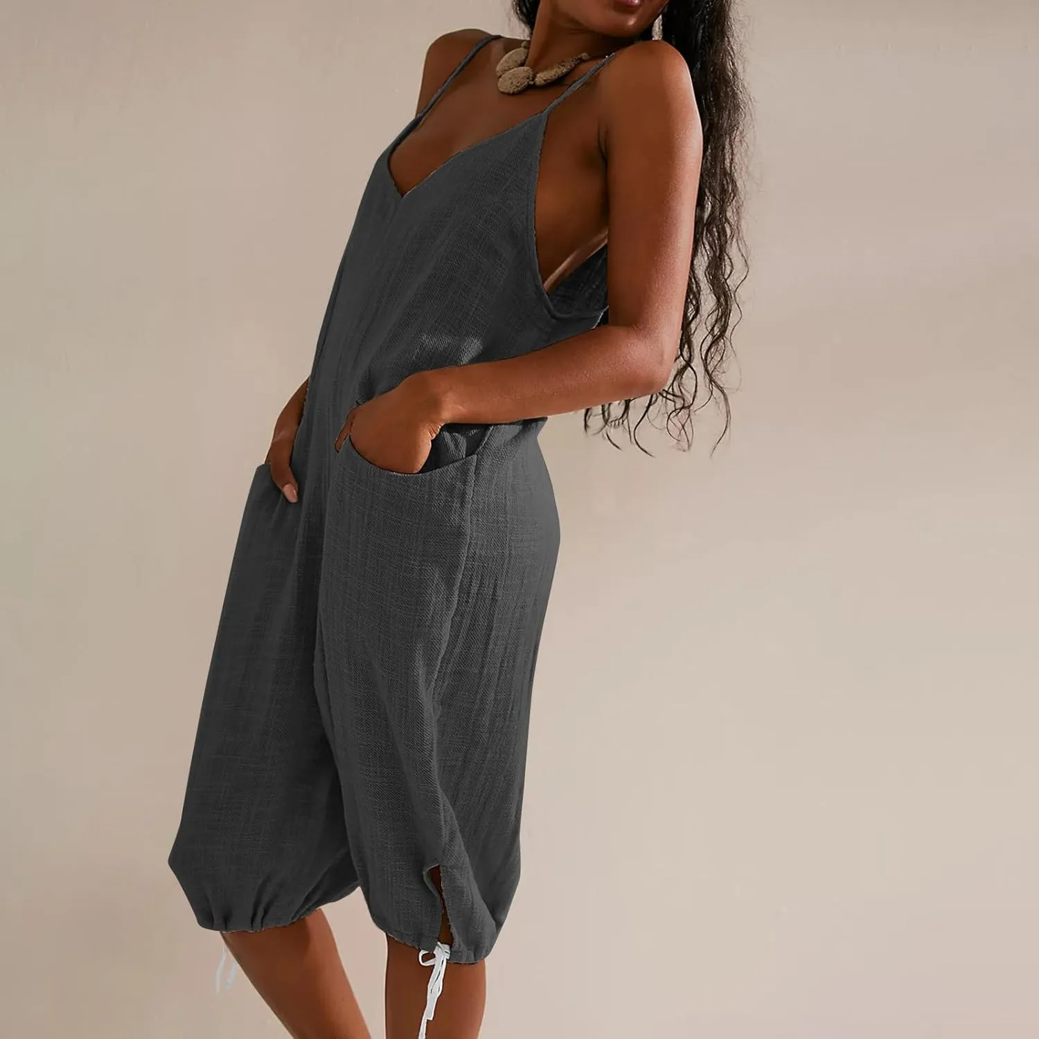Womens Linen Capri Overalls Spaghetti Straps V Neck Cinch Bottom Rompers Casual Loose Fit Pant Jumpsuits with Pocket