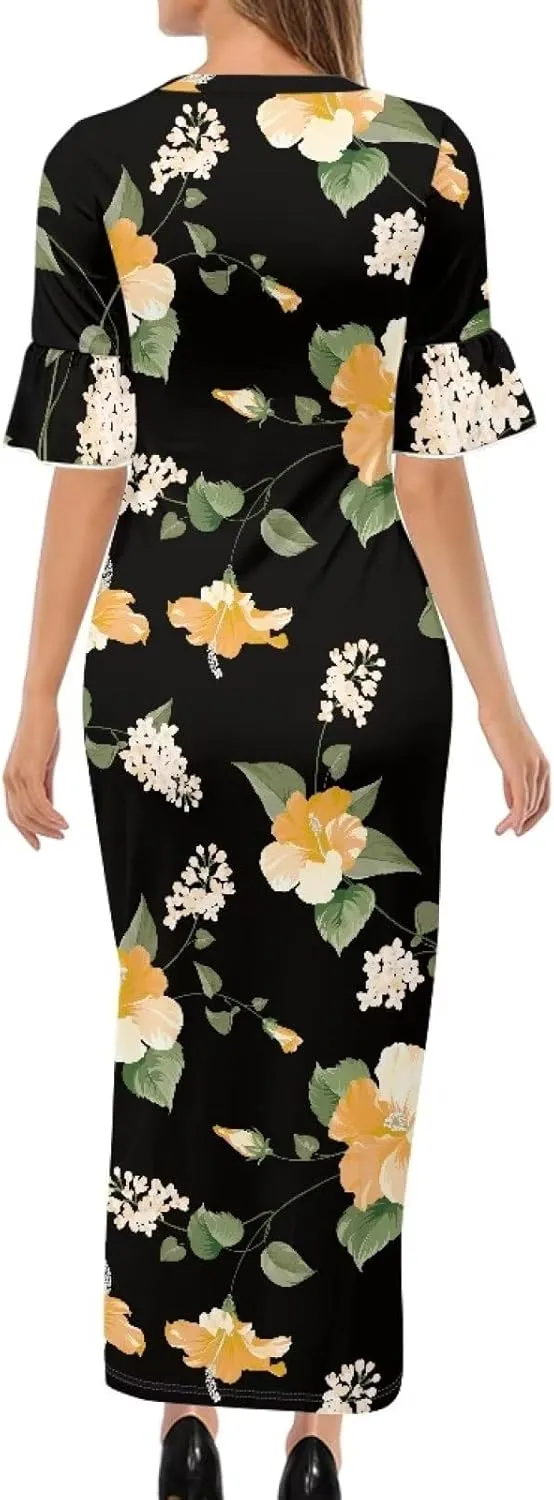 Womens Long Dresses with Half Sleev Plus Size Fall Summer Crewneck Dress for Party Wedding