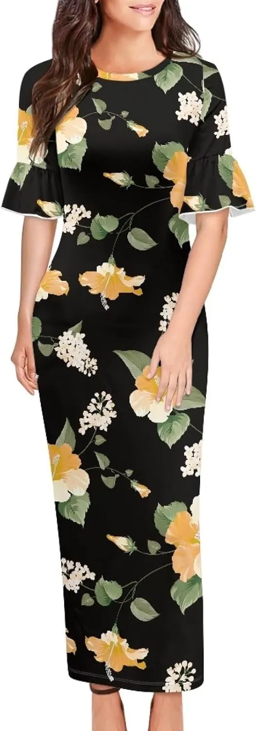 Womens Long Dresses with Half Sleev Plus Size Fall Summer Crewneck Dress for Party Wedding