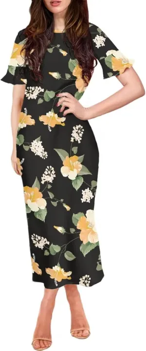 Womens Long Dresses with Half Sleev Plus Size Fall Summer Crewneck Dress for Party Wedding
