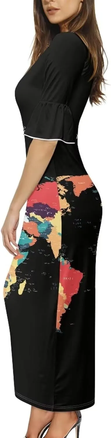 Womens Long Dresses with Half Sleev Plus Size Fall Summer Crewneck Dress for Party Wedding