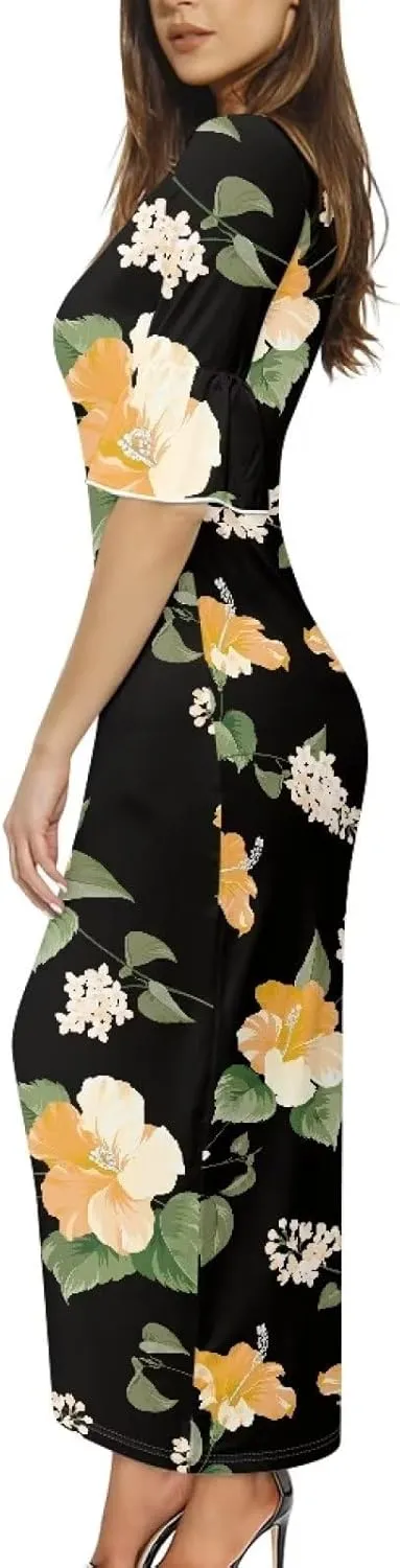 Womens Long Dresses with Half Sleev Plus Size Fall Summer Crewneck Dress for Party Wedding