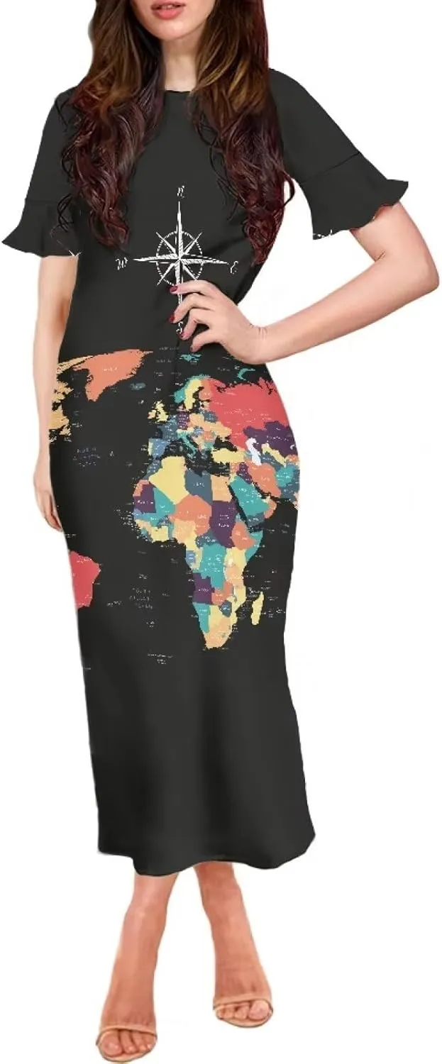 Womens Long Dresses with Half Sleev Plus Size Fall Summer Crewneck Dress for Party Wedding