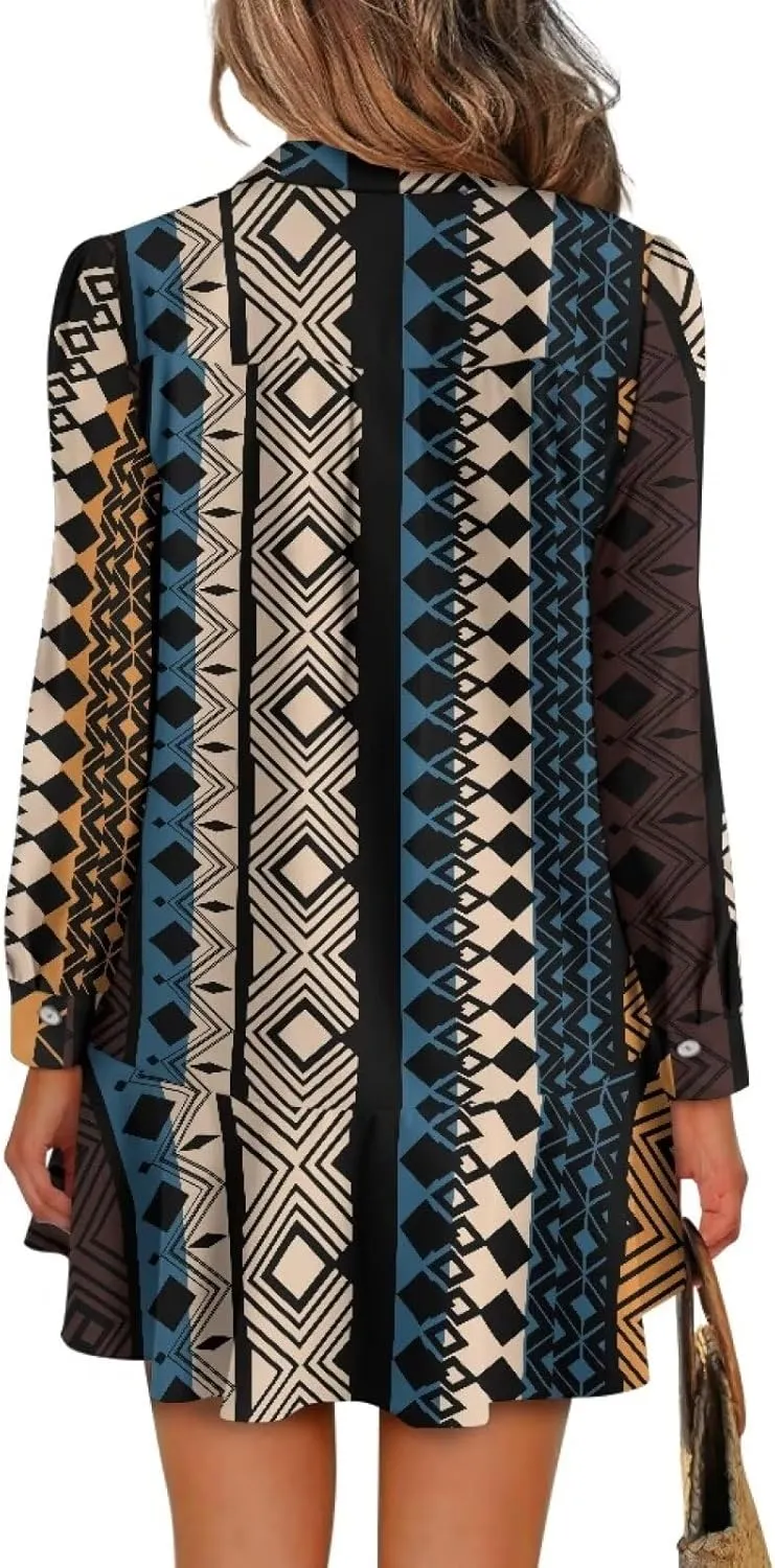 Women's Long Sleeve Button Down Shirts Dress Loose Casual Tunic Dresses with Pockets Ruffle Swing Shift Dresses