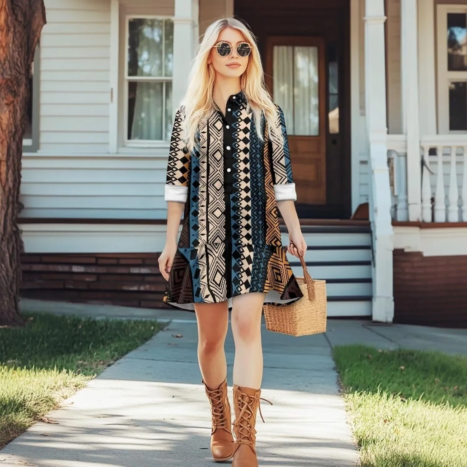Women's Long Sleeve Button Down Shirts Dress Loose Casual Tunic Dresses with Pockets Ruffle Swing Shift Dresses