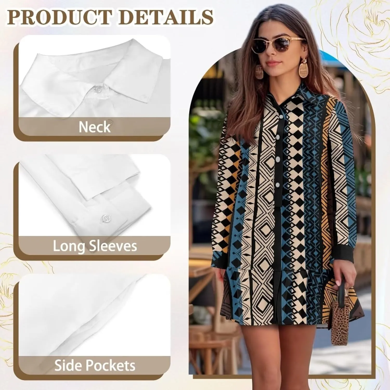 Women's Long Sleeve Button Down Shirts Dress Loose Casual Tunic Dresses with Pockets Ruffle Swing Shift Dresses