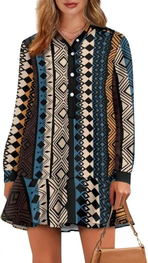 Women's Long Sleeve Button Down Shirts Dress Loose Casual Tunic Dresses with Pockets Ruffle Swing Shift Dresses