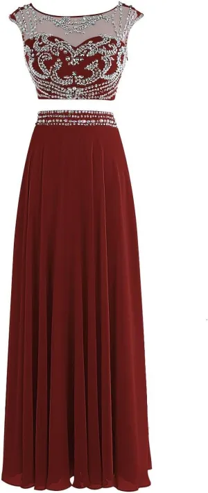Women's Long Two Pieces Chiffon Beaded Prom Evening Dress