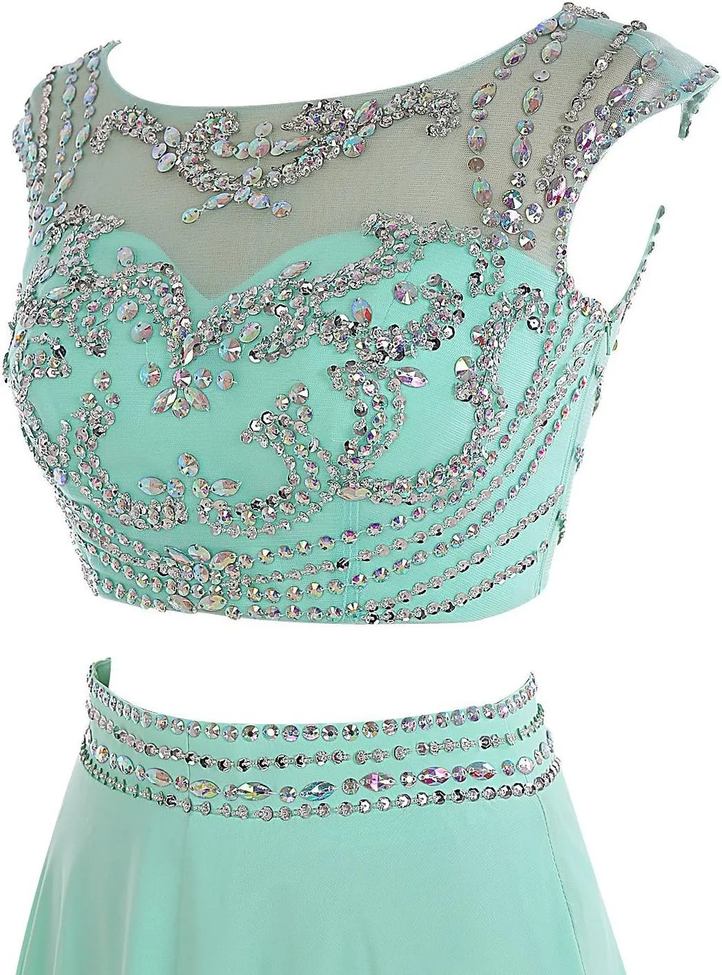 Women's Long Two Pieces Chiffon Beaded Prom Evening Dress