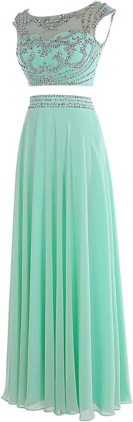 Women's Long Two Pieces Chiffon Beaded Prom Evening Dress