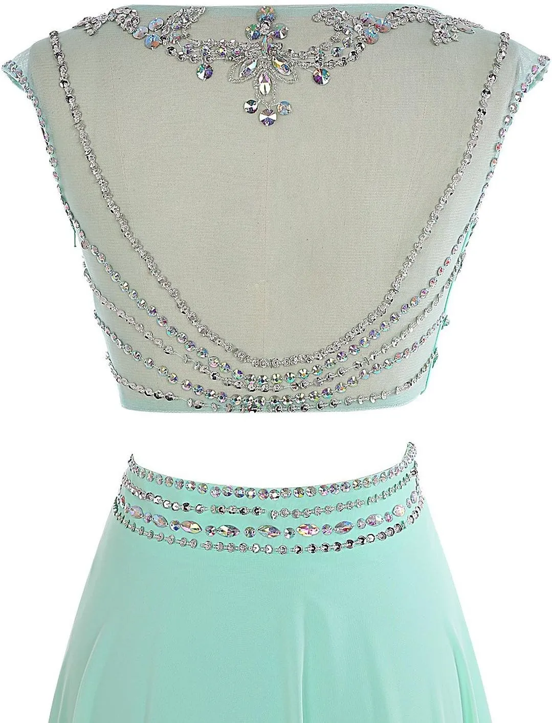 Women's Long Two Pieces Chiffon Beaded Prom Evening Dress