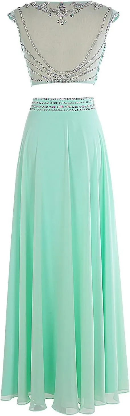 Women's Long Two Pieces Chiffon Beaded Prom Evening Dress