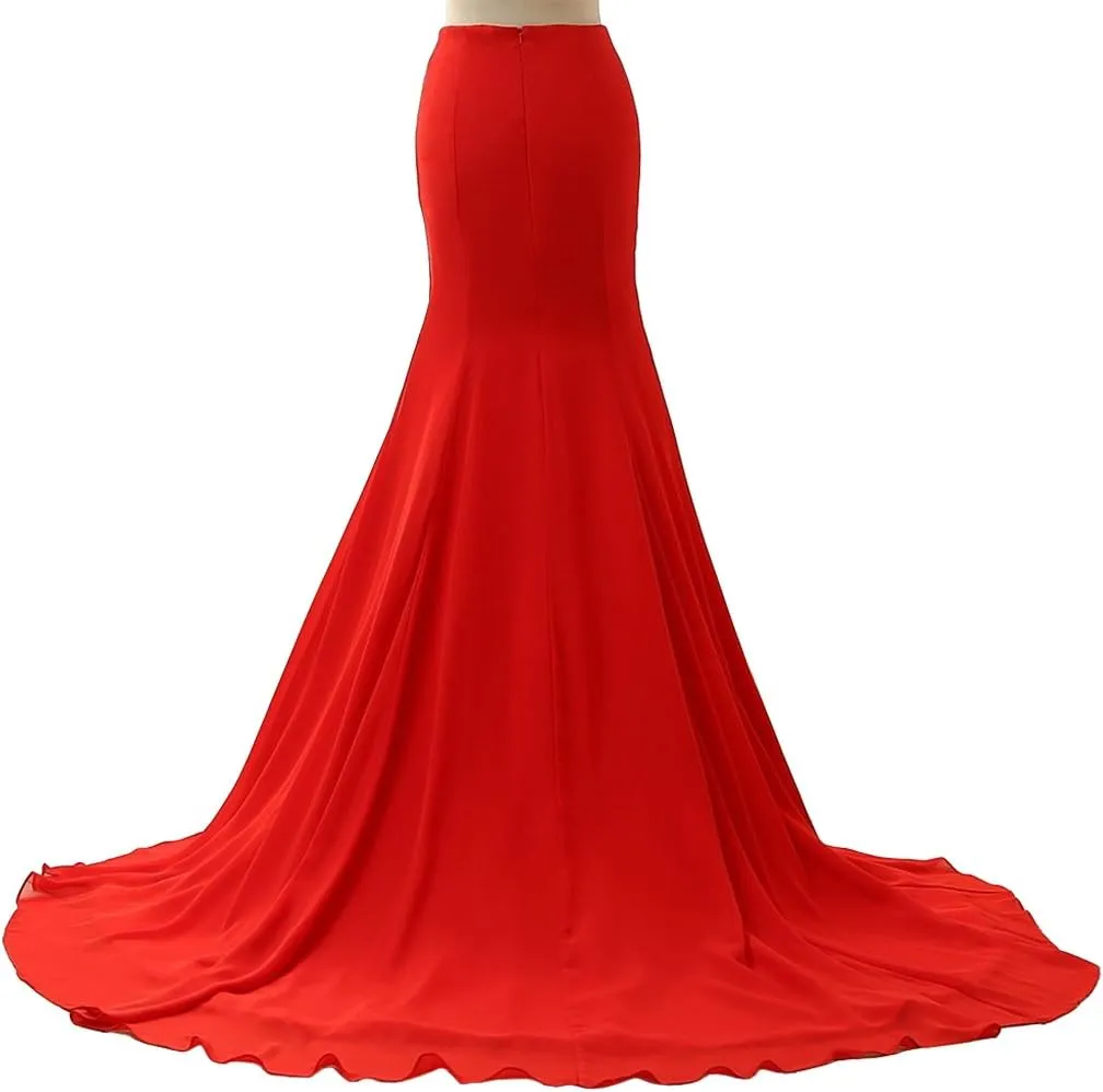 Women's Mermaid Train Two Piece Prom Dresses Lace Chiffon Evening Gowns