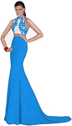 Women's Mermaid Train Two Piece Prom Dresses Lace Chiffon Evening Gowns