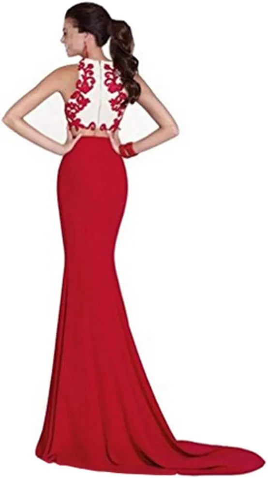 Women's Mermaid Train Two Piece Prom Dresses Lace Chiffon Evening Gowns