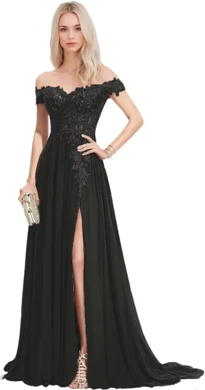 Women's Off Shoulder Prom Dresses Chiffon Long Laces Appliques A-Line Formal Evening Gowns