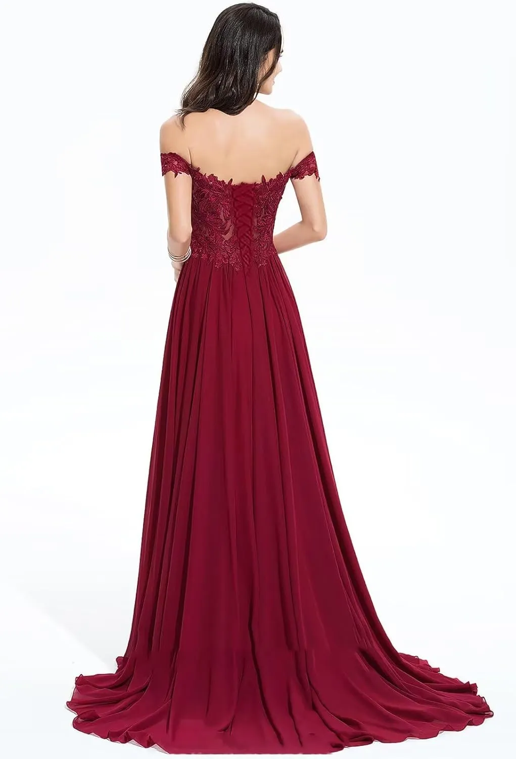 Women's Off Shoulder Prom Dresses Chiffon Long Laces Appliques A-Line Formal Evening Gowns